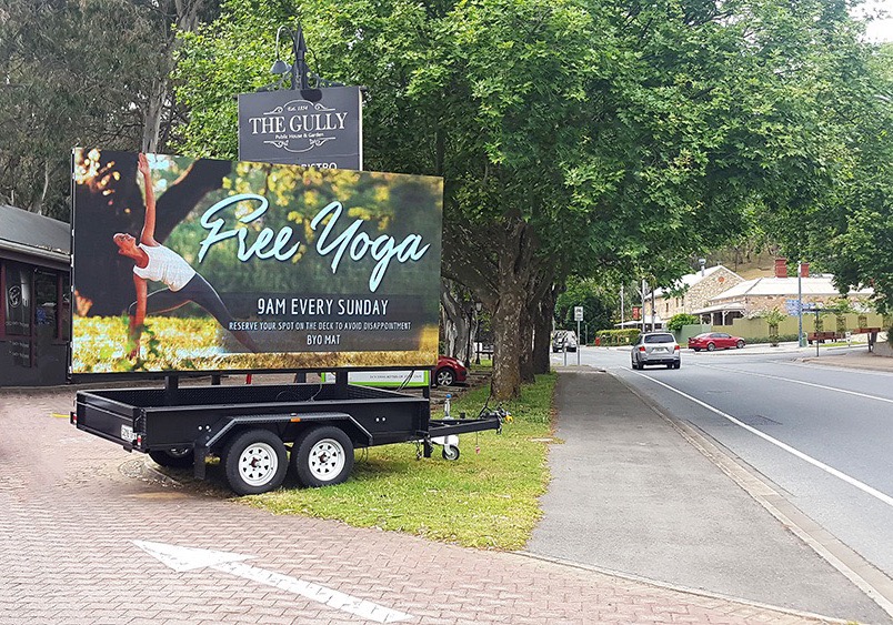 The Gully Public House & Garden in Tea Tree Gully is using our 16.5sqm LED Screen positioned on a mobile trailer, for promoting their free yoga classes